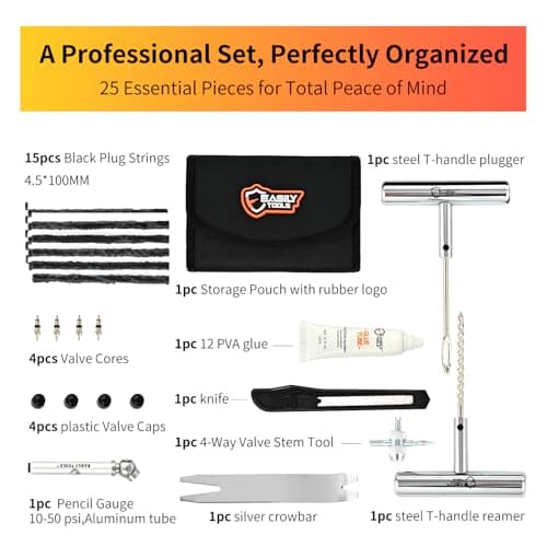 Professional 25-Piece Tire Repair Kit - Complete Emergency Kit for Car, Motorcycle. All-in-One Portable Oxford bag with Essential Tools & Step-by-Step Manual. Ready to Use, No Extra Purchase Needed. - Thumbnail 2