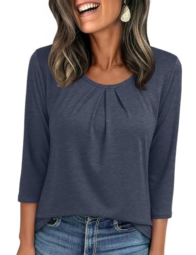 JUSTFASHIONNOW Womens 3/4 Length Sleeve Tops Crewneck Pleated T-Shirts Dressy Casual Tunic Basic Business Blouses(Navy Blue X-Large) - Image 1
