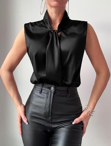 ZAFUL Women's Silk Satin Tank Tops Bow Tie Knot Mock Neck Casual Sleeveless Blouses Summer Basic Tanks Shirt Black S - Thumbnail 2