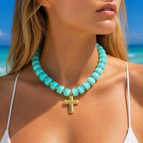 CelyBoutique Colorful Resin Chunky Beaded Necklace for Women Modern Statement Choker Necklace with Gold Tone Cross Pendant Boho Summer Jewelry Gift - Thumbnail 6