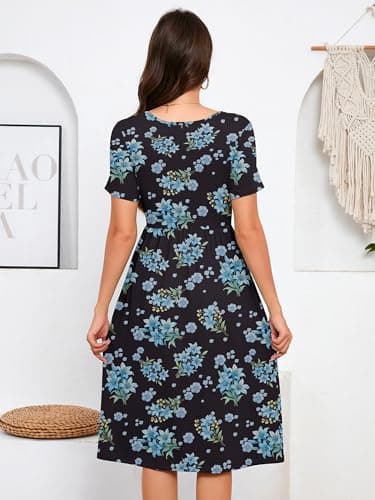 DEARCASE Summer Dresses for Women Floral Black Blue and White Flower XX-Large Short Sleeve A Line Summer Casual Midi Sundress Wedding Guest Flowy Swing Cocktail Spring Empire Waist Dress with Pockets - Thumbnail 2