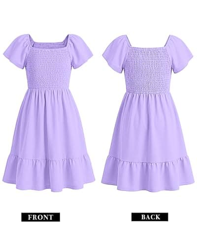 Tween Girl's Summer Short Sleeve Loose Dress Casual Spring Floral Square Neck Midi Dresses 2026 Light Purple 9-10 Years - Thumbnail 6