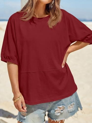 Tankaneo Oversized Tshirts for Women Summer Half Sleeve Tops Casual Crewneck Baggy Tunic Loose Fit Basic Tees Spring Clothes Wine Red - Thumbnail 3