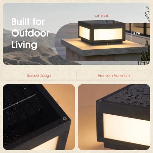 MVBT Solar Post Lights Waterproof, 10×10 Solar Pillar Lights Outdoor, 9.8" Outdoor Column Lights Dusk to Dawn, Modern Lamp Post Light Square, 3000K Solar Power Post Lantern for Fence Deck Gate Posts - Thumbnail 2