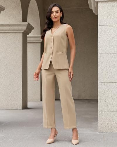 luvamia Vest Pants Suits for Women Dressy 2 Piece Sets Sleeveless Blazer Straight Leg Dress Pants Business Casual Outfit Beige XX-Large Fits US 20-22 - Thumbnail 3