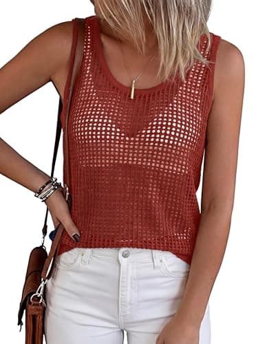 Totatuit Womens Summer Crochet Sleeveless Sweater Vest Round Neck Hollow Out Knit Tank Tops Casual Loose Cami Tops Red - Image 1