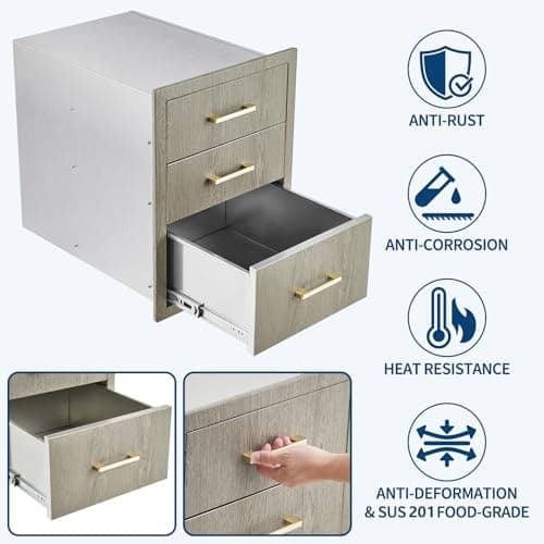 Garvee 14" W x 20.3" D x 23" H Stainless Steel Outdoor Kitchen Triple Drawers - Heavy Duty with Handles, Weather-Resistant Flush Mount for BBQ Island, Patio Grill & Outdoor Cooking Space - Thumbnail 6