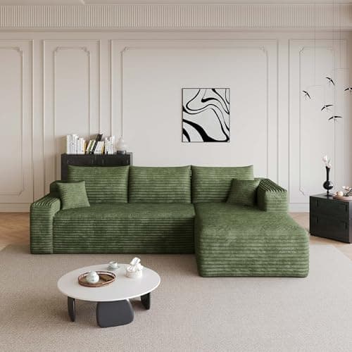 96" Cloud Sectional Small Couches for Small Space, L Shaped Sofa Green Corduroy Modular Boneless Couch with Chaise Deep Seat for Apartment and Livingroom, No Assembly Required (Right Facing Chaise) - Image 1