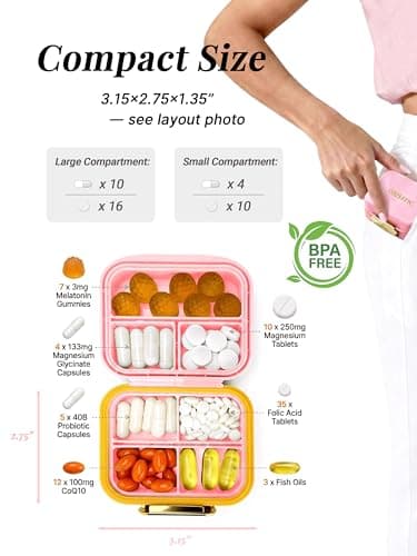 Small Pill Case Travel Pill Box with 7 Compartments for Purse - Compact Pill Organizer for Medicine Vitamin - Portable Container for Fish Oil & Supplements - Soft Pink - Thumbnail 2