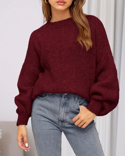 BTFBM Sweaters for Women Fall 2026 Crew Neck Lantern Long Sleeve Oversized Sweater Casual Knit Winter Pullover Tops(Wine Red, X-Large) - Thumbnail 2