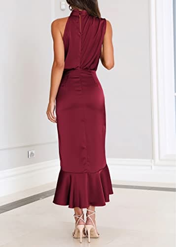 KIRUNDO Women 2026 Spring Summer Satin Mock Neck Wedding Guest Party Cocktail Midi Dress Sleeveless Wrap Ruffle Formal Dress(Wine Red, Small) - Thumbnail 5