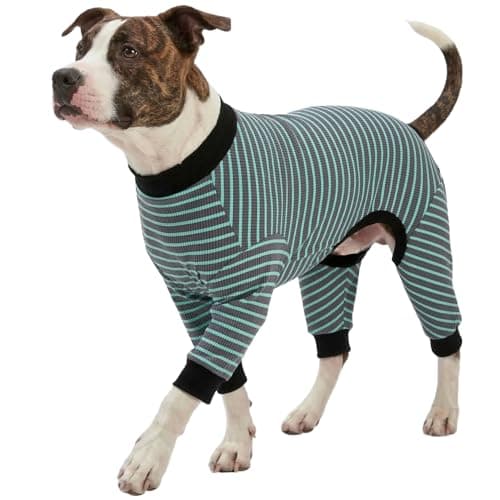LovinPet Dog PJS Apparel for Large Dogs, Pure Cotton Cyan Blue Stripe Dog Shirt, 4-Legged Design, Full Body Coverage, Pajamas for Pitbulls, Onesies for Dogs, XL - Image 1