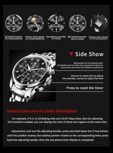OLEVS Watch Men,Black and Silver Watches for Men,Men's Silver Watch Black Face,Chronograph Moon Phase Mens Wristwatch with Date Luxury,Dress Man Wristwatch,Relojes De Hombre - Thumbnail 4