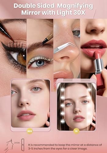 SisKokoro Compact Mirror, Rechargeable 30X Magnifying Mirror with 3 Lighting Modes & Dimmable Brightness, Portable Travel Makeup Mirror with Light, Essentials for Travel, Pocket, Purse Pink - Thumbnail 2