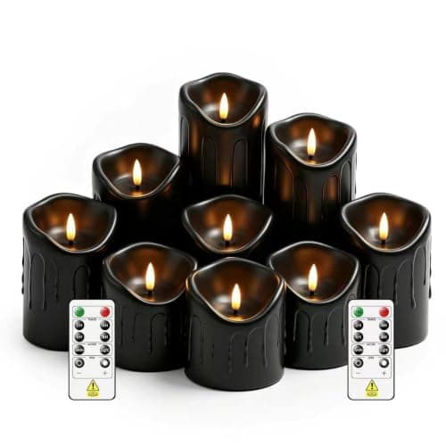 Xavnero 9 Pcs Flickering Flameless LED Pillar Candles, (D 3" x H 3" 4" 5" 6" 7") Battery Operated with Remote Plastic Wax Drip Fake Candles for Home Wedding Holiday Decor,Black - Image 1