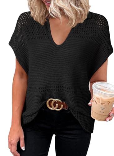 Dokotoo Womens Spring Summer Tops 2026 Dressy Casual Blouses V Neck Knit Tops Pullover Short Sleeve Sweater for Women Loose Fit Tunic Tops Polo Shirts for Women Black Tops Business Casual Clothing S - Image 1