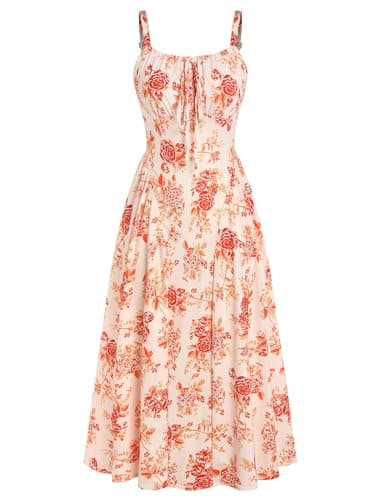 ZAFUL Wedding Guest Dresses for Women Floral Midi Corset A Line Dress Flowy Sundress for Cocktail Party Dress Orange Floral M - Image 1