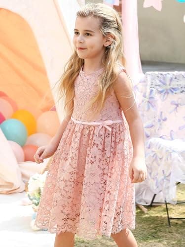ALLOVIN Girls & Toddlers Sleeveless A-Line Lace Party Dress Birthday Wedding & Flower Girl Dress with Beaded Bowknot | Pink | 3-4T - Thumbnail 2