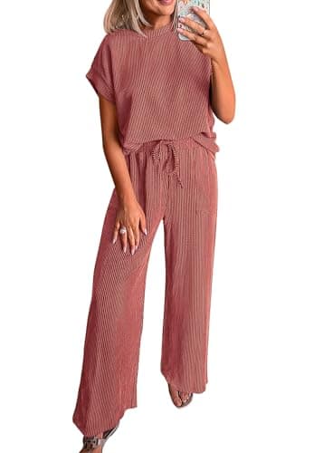 KIRUNDO 2 Piece Sets for Women Dressy Casual Ribbed Knit Short Sleeve Tops Wide Leg Pants Lounge Set Travel Airport Outfits(Rust Red, Large) - Image 1