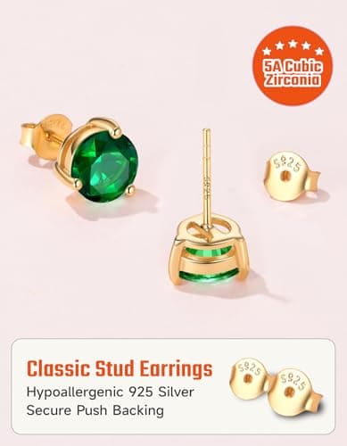 Justbeingcute Emerald Green Earrings For Women 6.5mm May Emerald Stud Green CZ 925 Sterling Silver Gold Plated Hypoallergenic Classic 1ct Studs Great Birthday Gift for Wife/Mom/Grandma - Thumbnail 4