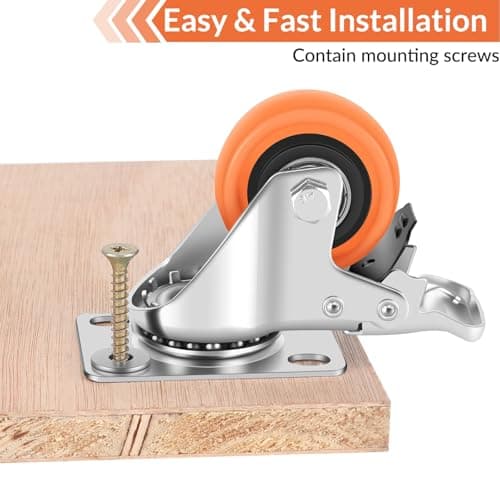 ASRINIEY Caster Wheels, 2" Casters Set of 4 Heavy Duty - Locking Casters Orange Polyurethane Wheel, Swivel Plate Caster with Brake, Non-Marking Castor Wheels for Carts Furniture and Workbench - Thumbnail 5