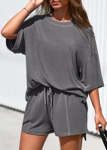 KIRUNDO 2 Piece Sets for Women Summer Lounge Sets Casual Oversized Tshirts Shorts Matching Airport Travel Outfits Postpartum(Dark Grey, X-Large) - Thumbnail 4