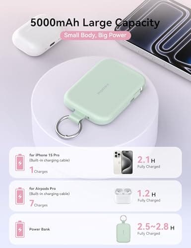 RORRY CharmGo Portable Charger, 5000mAh Portable Charger Power Bank with Built-in Cables, Travel Keychain Charger Battery Pack for iPhone 17/16/15/14/13/12, for AirPods 2/3/4/Pro, Green - Thumbnail 3