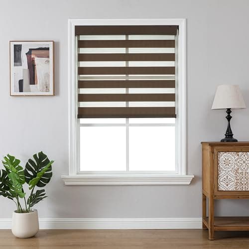 Joydeco No Drill Zebra Blinds for Windows, Cordless Day & Night Dual Sheer Roller Shades, Easy Installation, Free-Stop Lift System, Light Filtering Privacy Blinds for Home(Coffee,33" W x 75" H) - Thumbnail 2