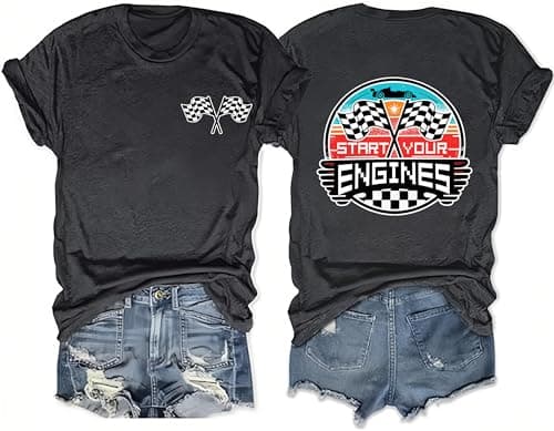 IsPICK Start Your Engines Shirt for Women Racing Car Checkered Graphic Tees