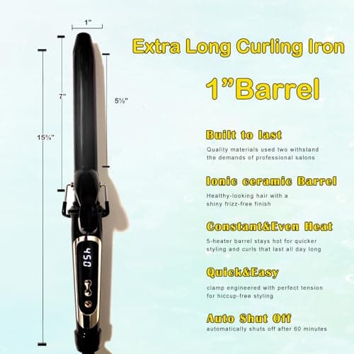 abp 1 Inch Curling Iron Extra Long Barrel with Ceramic Coating for Long/Medium Hair,LED Display Instant Heat up to 450°F with clamp,Hair Waving Style Tool Girls & Women - Thumbnail 3