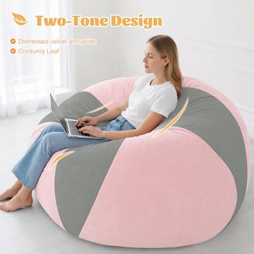 Homguava 6FT Bean Bag Chairs for AdultsTeardrop BeanBag Chair Comfy Memory Foam Bean Bags Two-Tone Distressed Velvet&Corduroy, Washable Cover for Living Room, Home (Corduroy, Light Grey/Pink) - Thumbnail 4
