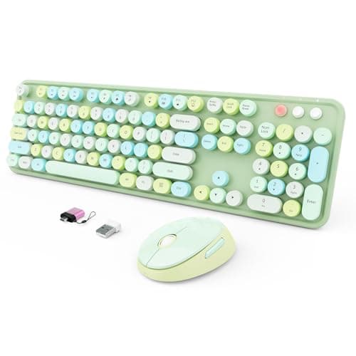Wireless Keyboard and Mouse Combo, Ergonomic Full Size Typewriter Retro Round Keycaps Keyboard, Compatible with Windows, PC, Perfer for Home and Office Keyboards (Green - Image 1