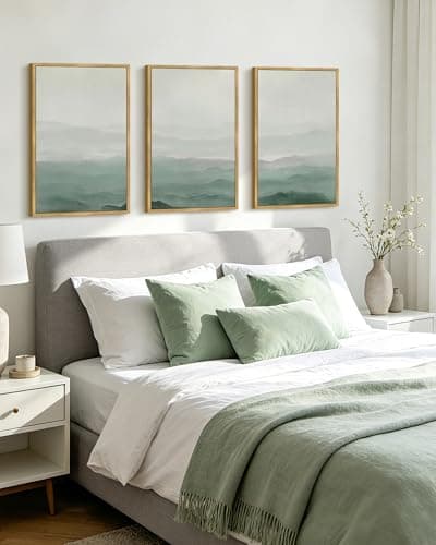 KUVIOKE Green Watercolor Mountains in Fog Framed Wall Art Wilderness Nature Landscape Artwork Painting Boho Rustic Scenic Relax Cool Home Decor 16x24in (Natural Framed) - Thumbnail 2