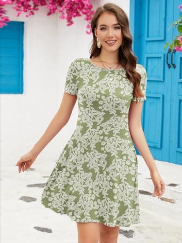 KORSIS Summer Dress for Women Casual T-Shirt Dresses Swing Flowy Beach Vacation Floral Print Sundress with Pockets Green Rose M - Thumbnail 2