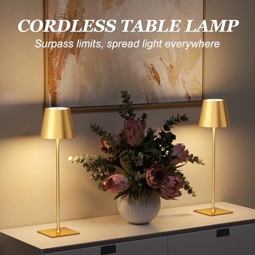 Kakanuo Gold Cordless Rechargeable Table Lamp 5000mAh Battery Operated Lamps, 3 Colors Stepless Dimming Touch Lamp for Living Room, Kitchen Counter, Dining, Outdoor Patio, 2 Pack - Thumbnail 4