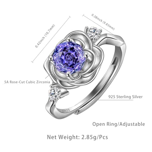Rose Birthstone Ring - 925 Sterling Silver Rose Cut Cubic Zirconia December Tanzanite 3D Flower Adjustable Ring Engagement Promise Ring Birthday Jewelry Gift for Women Wife Daughter DR0166D - Thumbnail 4