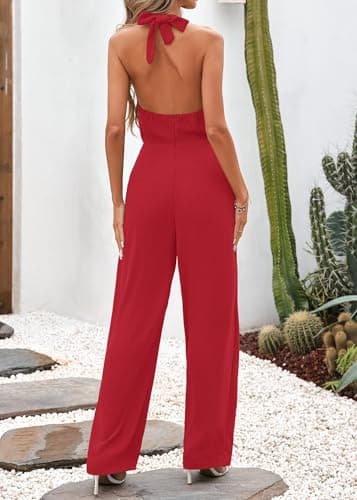Lazysmile Summer Jumpsuits for Women Sleeveless Halter Backless Pants Romper Dressy Wide Legs One Piece Outfits - Thumbnail 2