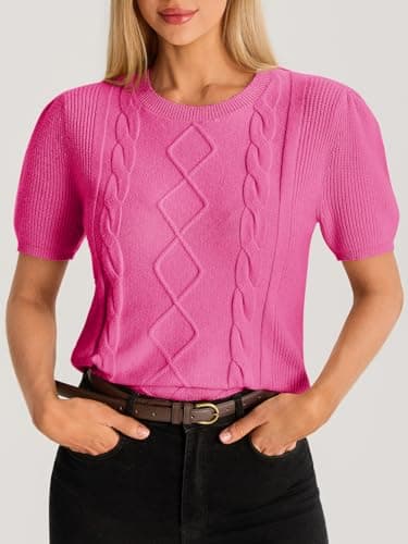 Cicy Bell Womens Puff Short Sleeve Sweater Tops Cable Knit Crew Neck 2026 Spring Shirts Lightweight Dressy Casual Sweaters Rose Red - Thumbnail 2