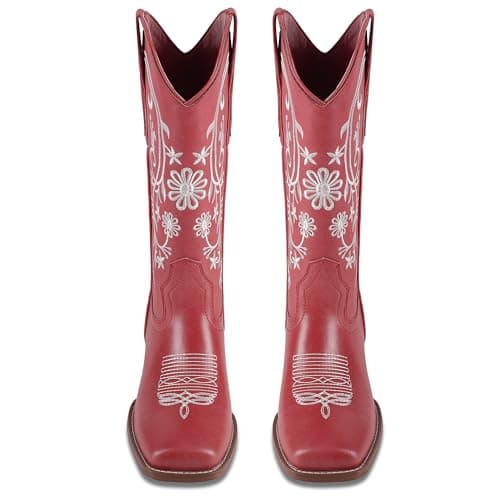 UJPFEO Cowboy Boots for Women Mid Calf Cowgirl Boots Square Toe Pull On Low Chunky Heel Embroidery Western Boots - Thumbnail 5
