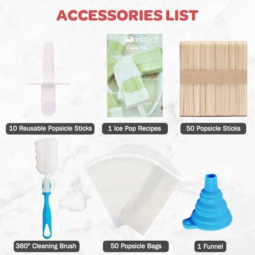 Miaowoof Homemade Popsicle Molds, 10-Cav Non-BPA Silicone Ice Pop Maker, with 50 Sticks, 50 Bags, 10 Reusable Sticks, Funnel, Brush and Ice Pop Recipe (Blue) - Thumbnail 5