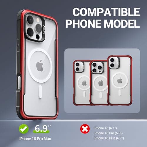 RAPTIC Shield Magnetic for iPhone 16 Pro Max Case, Compatible with MagSafe, [for 2024 Capture Button Shockproof Clear Case], Military Grade 13FT Drop Tested, Durable Aluminum Frame, 6.9 inch, Red - Thumbnail 2