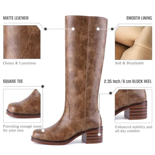 Migpuel Knee High Boots for Women Square Toe Riding Boots Chunky Block Heel Wide Calf Tall Boots Comfortable Low Heel Campus Casual 9,chocolate - Thumbnail 4
