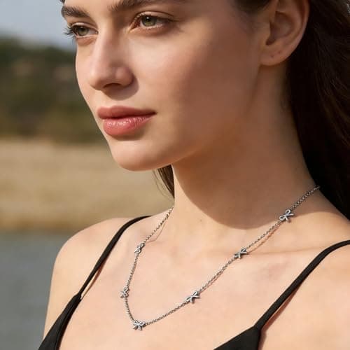 BOLAGTIER Dainty 7-Bow Necklace: 14K Gold Plated Minimalist Adjustable 17.7”+2” Stainless Steel Choker | Trendy Ribbon-Inspired Design, Simple Chain Jewelry Gift for Women (Silver) - Thumbnail 3