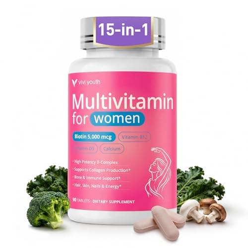 VIVI Youth Multivitamin for Women Over 40 — 15-in-1 with Biotin 5000mcg, Vitamin B Complex, Collagen & Hyaluronic Acid for Hair, Skin, Nails, Bone Health, Daily Energy & Immune Support — 90 Tablets - Image 1