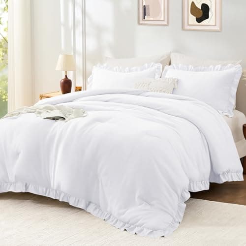 FUANNA King Size Comforter Set White, 3 Pieces Ruffle King Bedding Set, Fluffy Farmhouse Bed in a Bag King with 1 Lightweight Comforter & 2 Pillowshams - Image 1