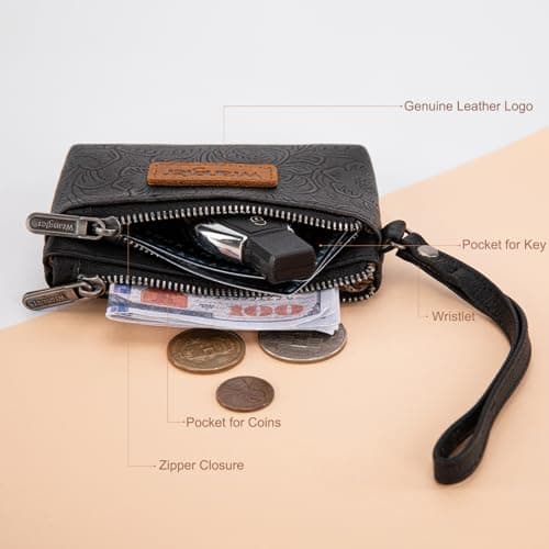 Montana West Wrangler Coin Purse for Women RFID-blocking Floral Embossed Change Pouch Wristlet Wallet Lightweight Portable Wallets Black - Thumbnail 4