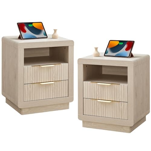 YANSNWO Fluted Nightstand Set of 2, 23.6" H Bedside Table with Charging Station, Modern End Table with Thickened Curved Profile Design for Bedroom, White Alder - Image 1