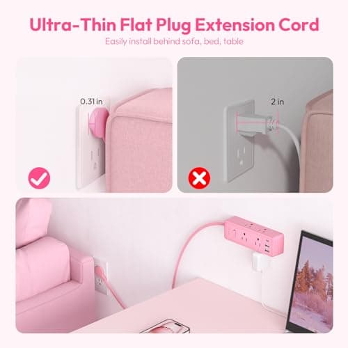 NTONPOWER Pink Extension Cord 10 ft, 1080 Joules Surge Protector Power Strip with 6 Widely Outlets 3 USB (1 USB C), Flat Plug Extension Cord Power Strip Long Cord for Home Office Dorm Room Essentials - Thumbnail 4