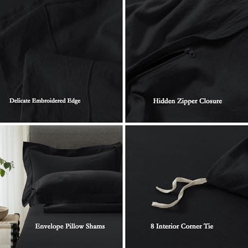 ELIMMO Cooling California King Duvet Cover Set 3 Pieces-100% Washed Cotton with Chic Wide Trim Design Linen Like Textured Ultra Soft Cozy Bedding-Zipper Closure(Hemmed Solid Black,Cal King 104"x98") - Thumbnail 3
