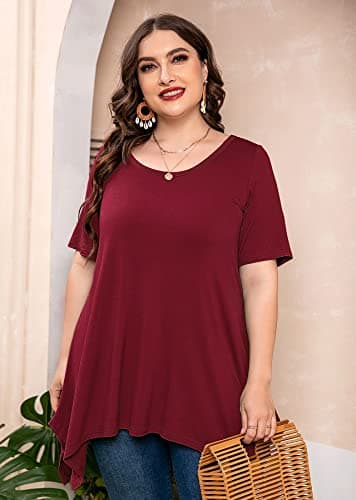 AusLook Plus Size Tunic Top for Women Clothes Short Sleeve Christmas Burgundy 3X Summer Blouse Swing Tee Crewneck Clothing Flowy Shirts for Leggings - Thumbnail 3